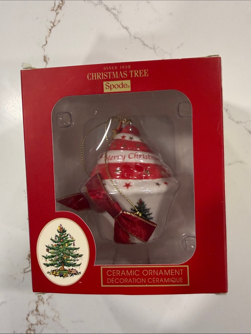Spode Red & White Ceramic Merry Christmas Ornament Cupcake